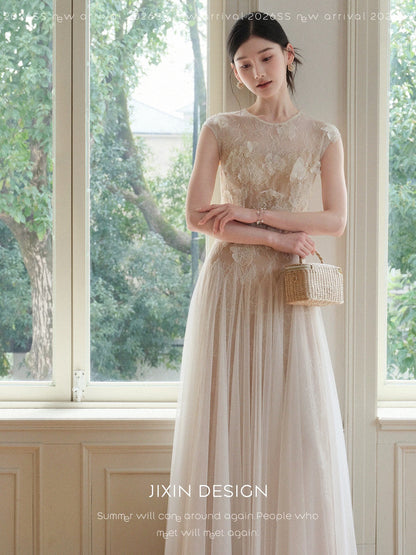 Send a letter featuring a "Ripples" heavy-duty lace 3D embroidered mesh dress, elegant, slimming, and ethereal long gown.