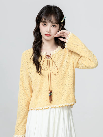 Creamy yellow openwork knitted top for women, spring and autumn 2026 new style, bow tie lace patchwork short top