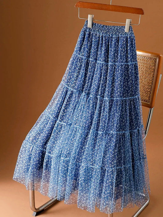 High-end leopard print mesh skirt for women, new style for spring and summer, drapey printed gauze skirt, hip-covering, slimming, swinging A-line long skirt