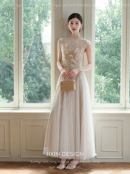 Send a letter featuring a "Ripples" heavy-duty lace 3D embroidered mesh dress, elegant, slimming, and ethereal long gown.