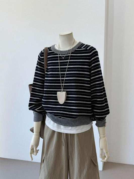 CHAO-level recommendation! The best outfit for autumn~ Korean style contrast striped round neck, age-reducing lazy feeling, soft and glutinous long-sleeved sweatshirt