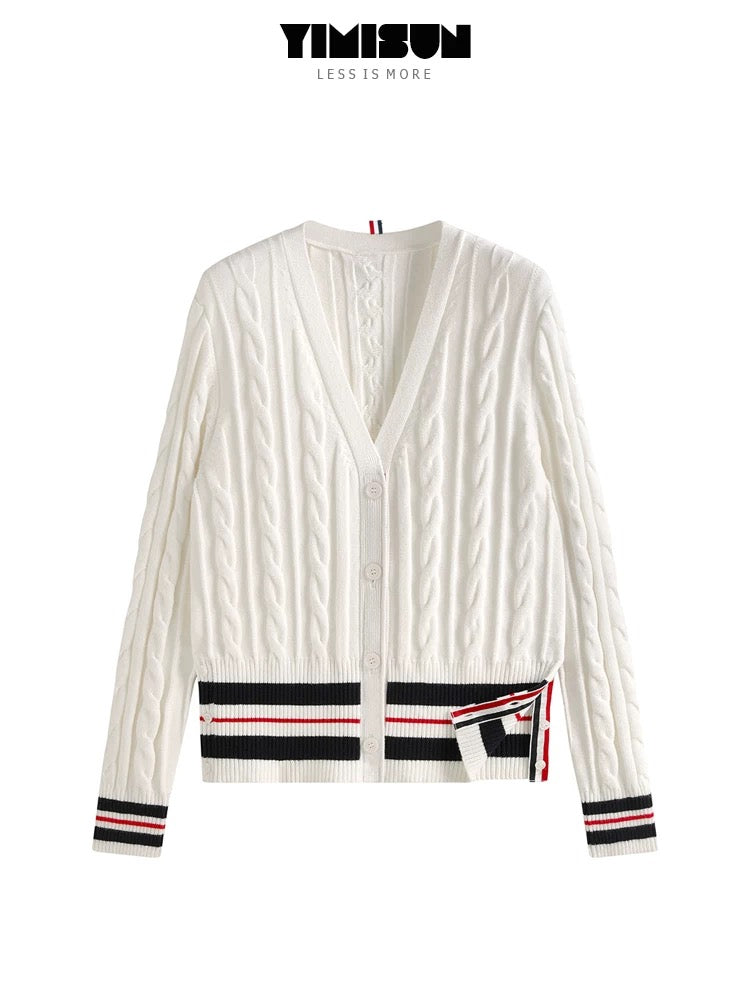 YIMISUN Cable knitted cardigan for women with contrasting stripes, V-neck, buttons on both sides of the hem, cable knitted long-sleeved jacket