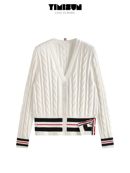 YIMISUN Cable knitted cardigan for women with contrasting stripes, V-neck, buttons on both sides of the hem, cable knitted long-sleeved jacket
