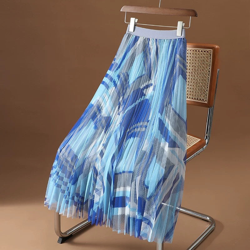 Ink printing and dyeing printed mesh skirt women's spring and summer new fashion drape high waist medium long A-line gauze skirt