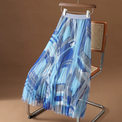Ink printing and dyeing printed mesh skirt women's spring and summer new fashion drape high waist medium long A-line gauze skirt
