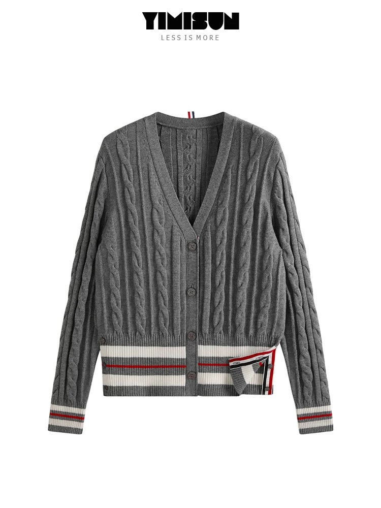 YIMISUN Cable knitted cardigan for women with contrasting stripes, V-neck, buttons on both sides of the hem, cable knitted long-sleeved jacket