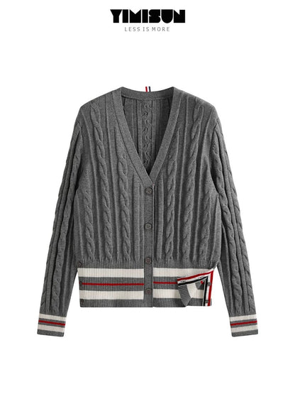 YIMISUN Cable knitted cardigan for women with contrasting stripes, V-neck, buttons on both sides of the hem, cable knitted long-sleeved jacket