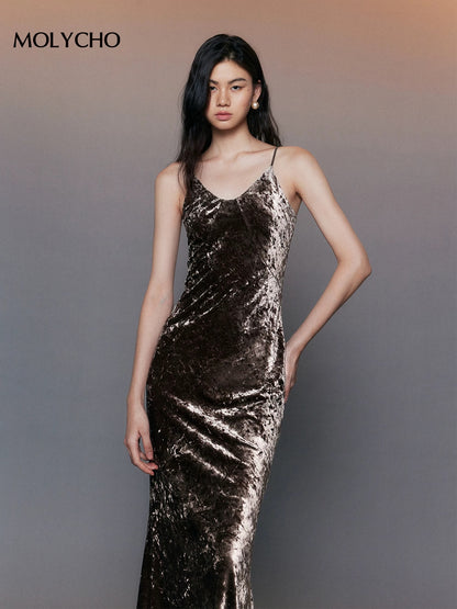 MOLYCHO Elegant Velvet Dress Women's Autumn and Winter Long Slim Bottoming with Sling Fishtail Skirt