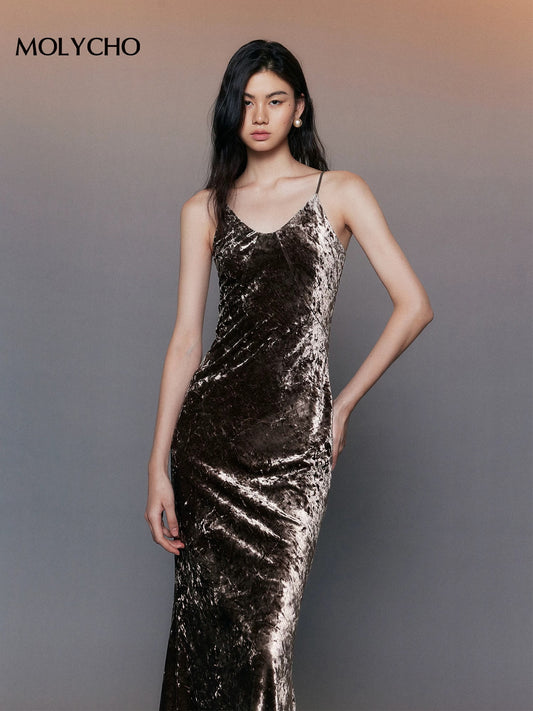 MOLYCHO Elegant Velvet Dress Women's Autumn and Winter Long Slim Bottoming with Sling Fishtail Skirt