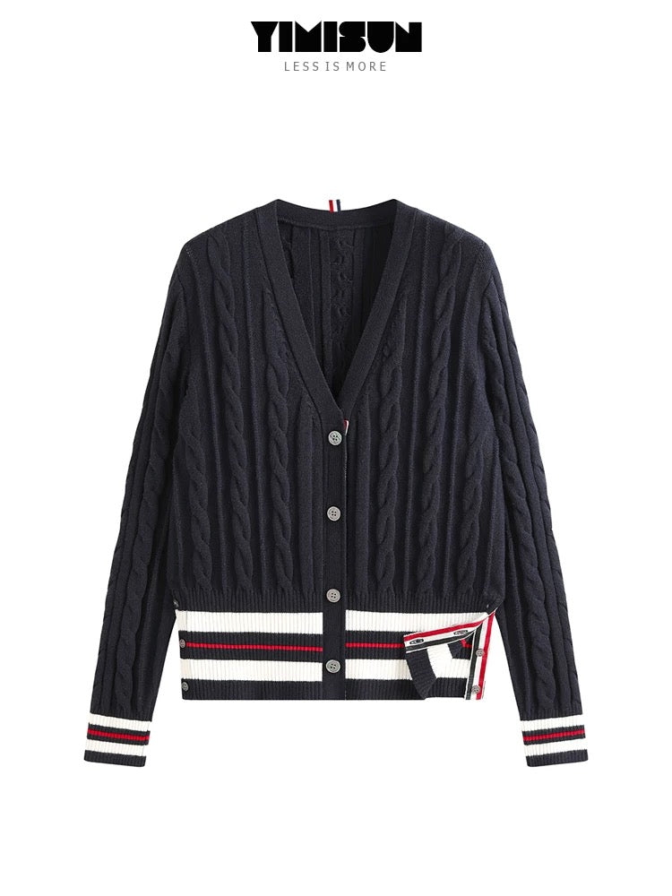 YIMISUN Cable knitted cardigan for women with contrasting stripes, V-neck, buttons on both sides of the hem, cable knitted long-sleeved jacket