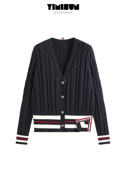 YIMISUN Cable knitted cardigan for women with contrasting stripes, V-neck, buttons on both sides of the hem, cable knitted long-sleeved jacket