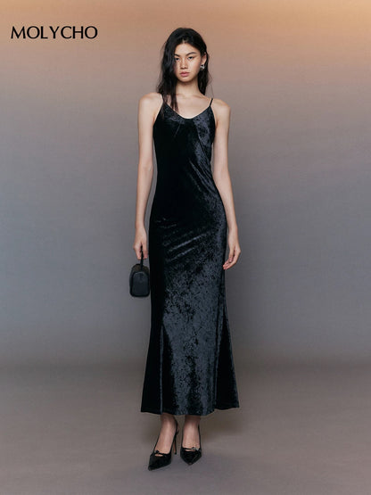 MOLYCHO Elegant Velvet Dress Women's Autumn and Winter Long Slim Bottoming with Sling Fishtail Skirt