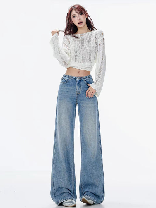 ABWLR Minimalist Original American Vintage Wide-Leg Jeans – Loose, Slimming, Versatile Blue Floor-Length Trousers for Women