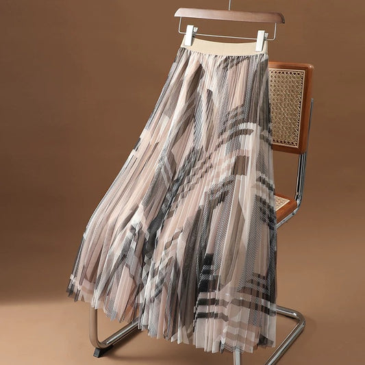 Ink printing and dyeing printed mesh skirt women's spring and summer new fashion drape high waist medium long A-line gauze skirt