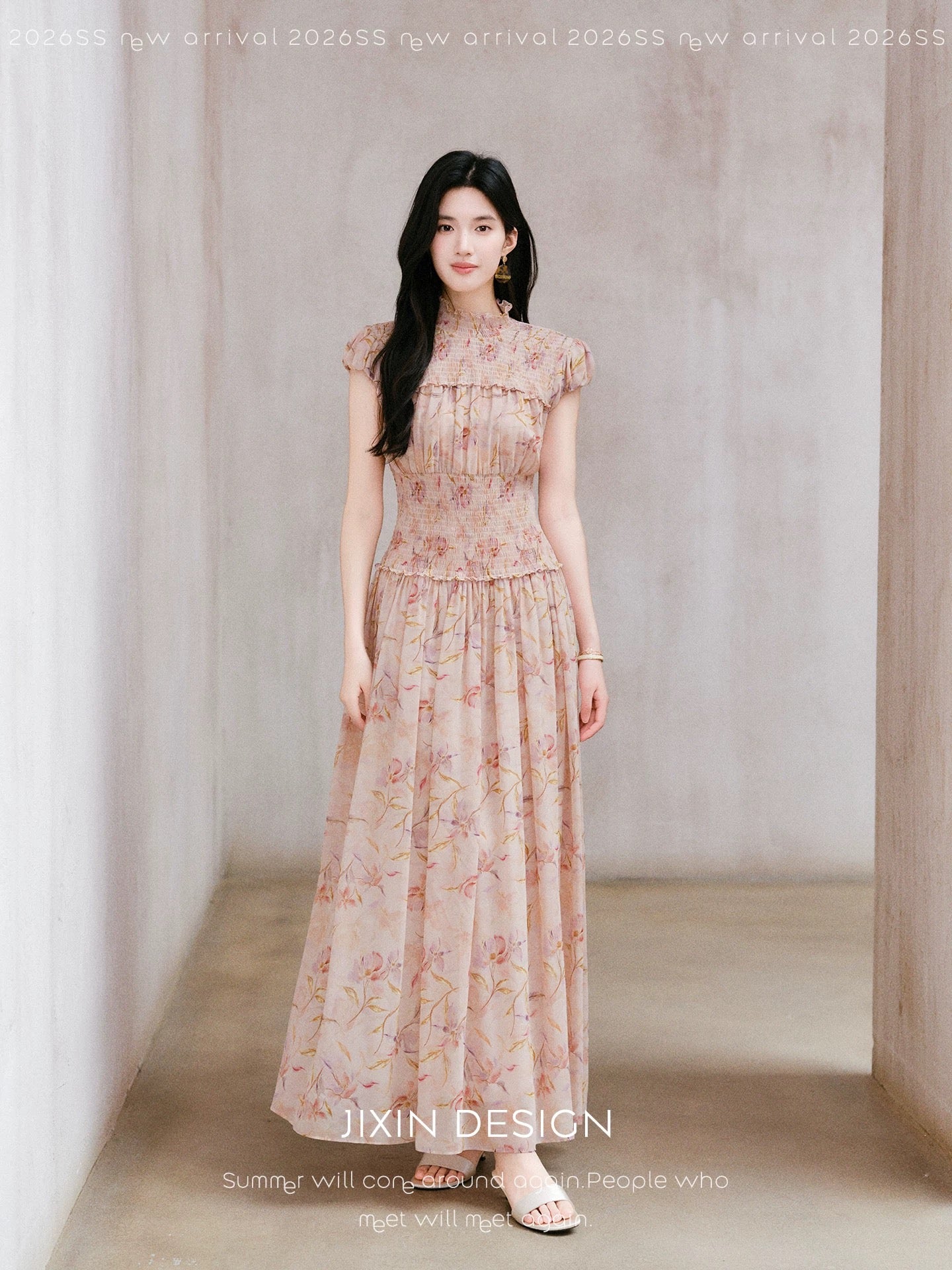 Send a letter to "Lyon Flower Mist" French-style misty pink rose floral maxi dress with a cinched waist for a slimming and elegant look.