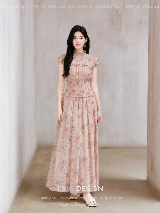 Send a letter to "Lyon Flower Mist" French-style misty pink rose floral maxi dress with a cinched waist for a slimming and elegant look.