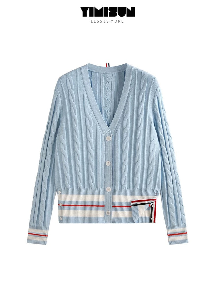 YIMISUN Cable knitted cardigan for women with contrasting stripes, V-neck, buttons on both sides of the hem, cable knitted long-sleeved jacket