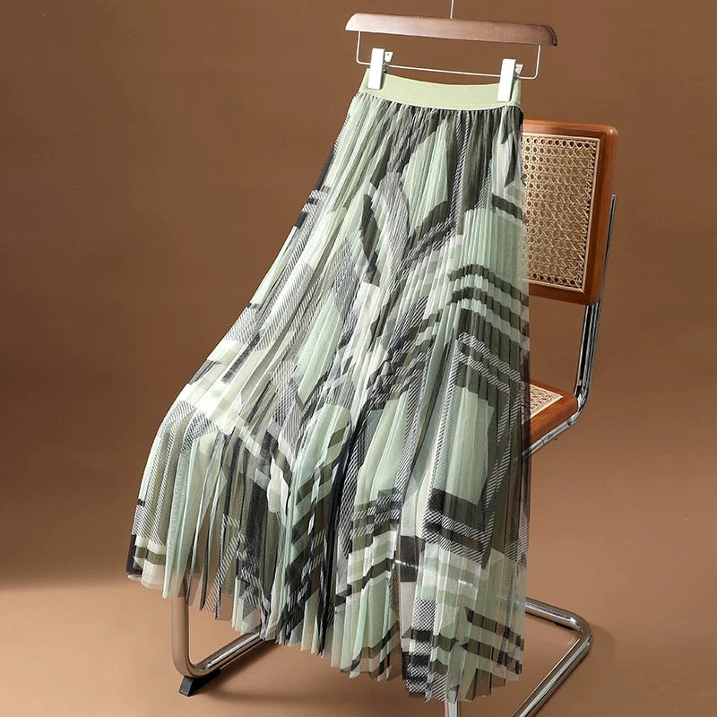 Ink printing and dyeing printed mesh skirt women's spring and summer new fashion drape high waist medium long A-line gauze skirt