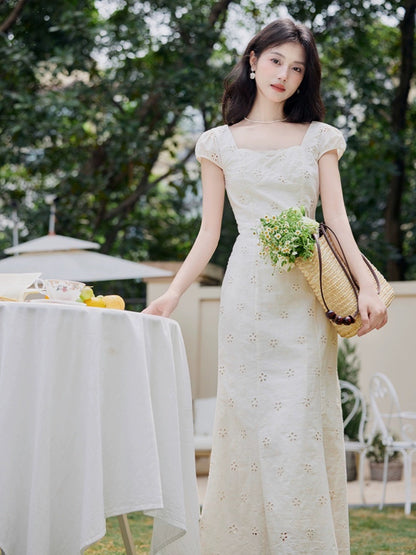 French high-end first love sweet long dress, sweet girly, gentle style, fresh and simple white fishtail dress