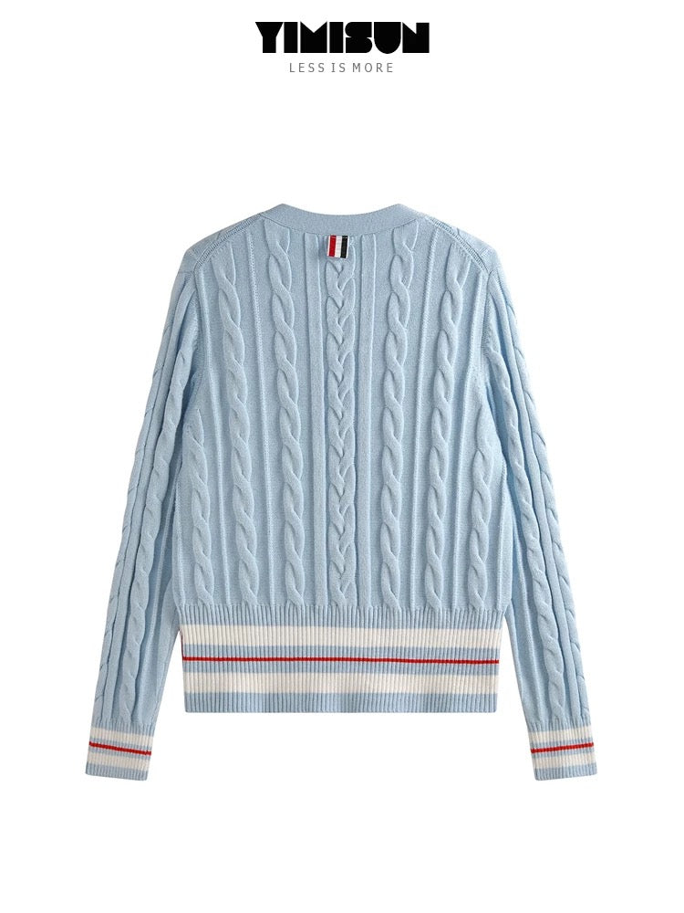 YIMISUN Cable knitted cardigan for women with contrasting stripes, V-neck, buttons on both sides of the hem, cable knitted long-sleeved jacket