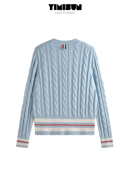 YIMISUN Cable knitted cardigan for women with contrasting stripes, V-neck, buttons on both sides of the hem, cable knitted long-sleeved jacket