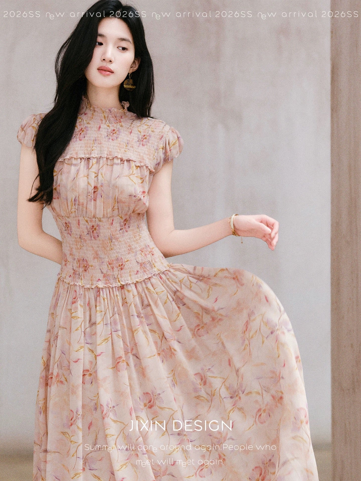 Send a letter to "Lyon Flower Mist" French-style misty pink rose floral maxi dress with a cinched waist for a slimming and elegant look.