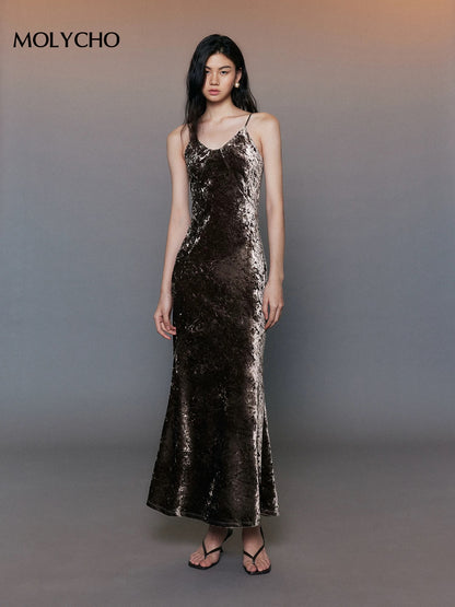 MOLYCHO Elegant Velvet Dress Women's Autumn and Winter Long Slim Bottoming with Sling Fishtail Skirt