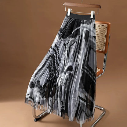 Ink printing and dyeing printed mesh skirt women's spring and summer new fashion drape high waist medium long A-line gauze skirt
