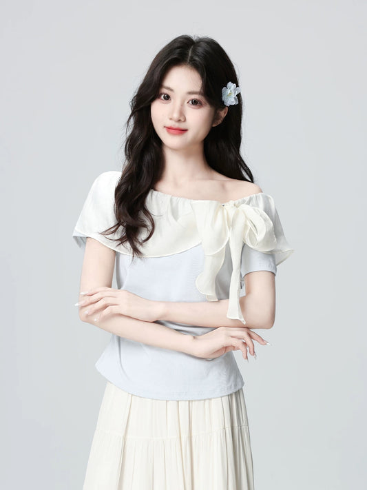 Blue off-shoulder short-sleeved T-shirt for women, summer 2026 new style, bow-tie, slimming off-shoulder t-shirt, short top.
