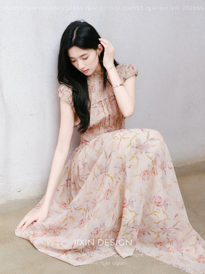 Send a letter to "Lyon Flower Mist" French-style misty pink rose floral maxi dress with a cinched waist for a slimming and elegant look.