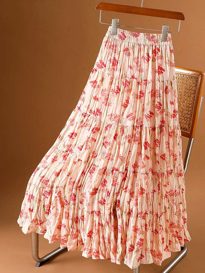 Pleated floral skirt for women summer 2025 new style drape high waist slim cake skirt printed chiffon a-line skirt