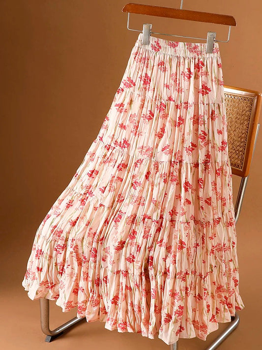 Pleated floral skirt for women summer 2025 new style drape high waist slim cake skirt printed chiffon a-line skirt