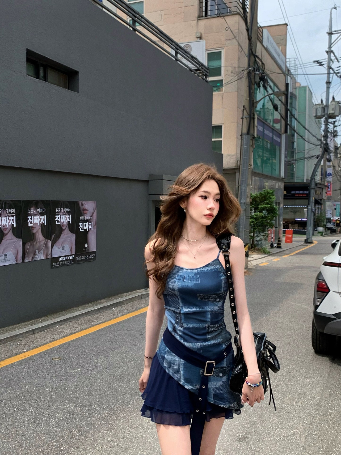 Eight-cover pinky piggy retro blue American-style imitation denim stretch mesh patchwork dress slim skirt