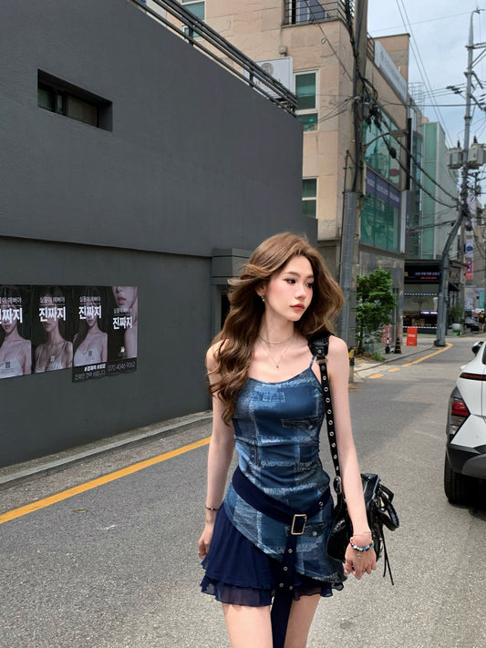 Eight-cover pinky piggy retro blue American-style imitation denim stretch mesh patchwork dress slim skirt