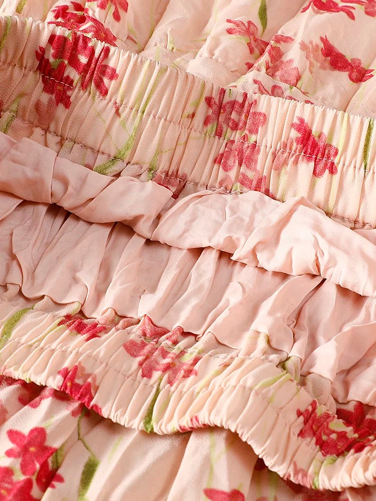 Pleated floral skirt for women summer 2025 new style drape high waist slim cake skirt printed chiffon a-line skirt