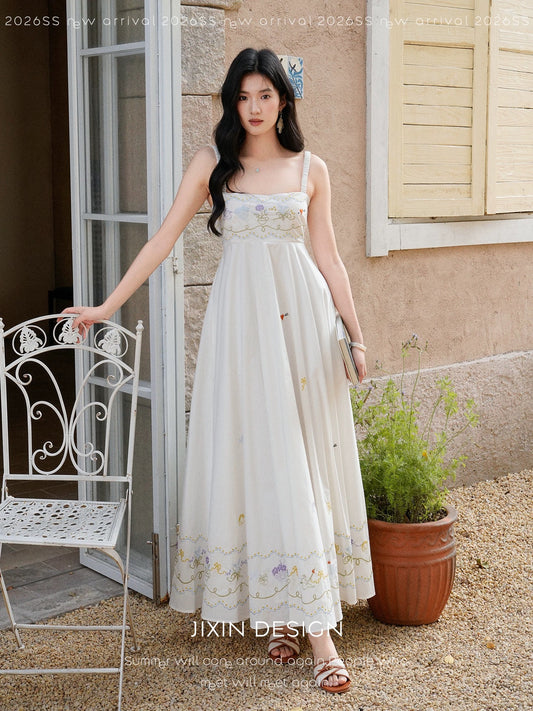 Send a letter to Provence: a custom-made floral embroidered white cotton sundress/casual dress.