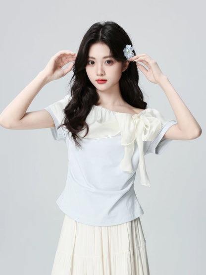 Blue off-shoulder short-sleeved T-shirt for women, summer 2026 new style, bow-tie, slimming off-shoulder t-shirt, short top.