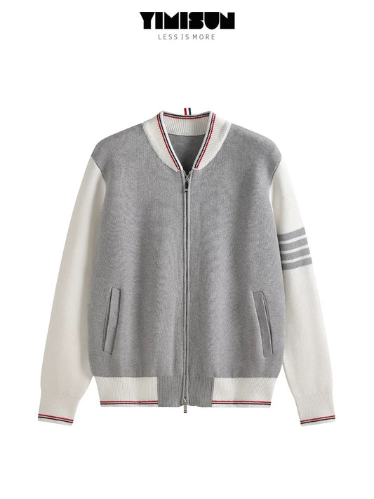 YIMISUN design contrast color four-bar stand collar zipper pocket knitted cardigan long sleeve baseball jacket trendy