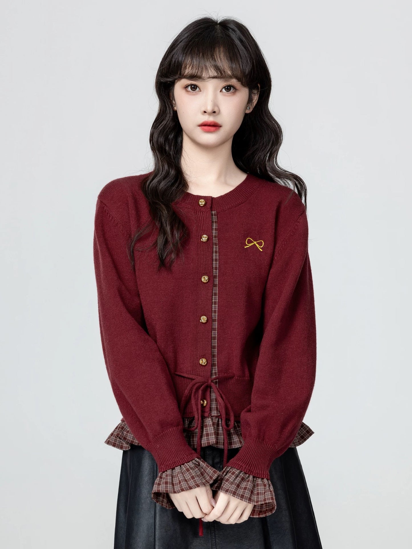 French-style red faux two-piece knitted cardigan for women, spring and autumn 2026 new style, belted waist sweater coat top