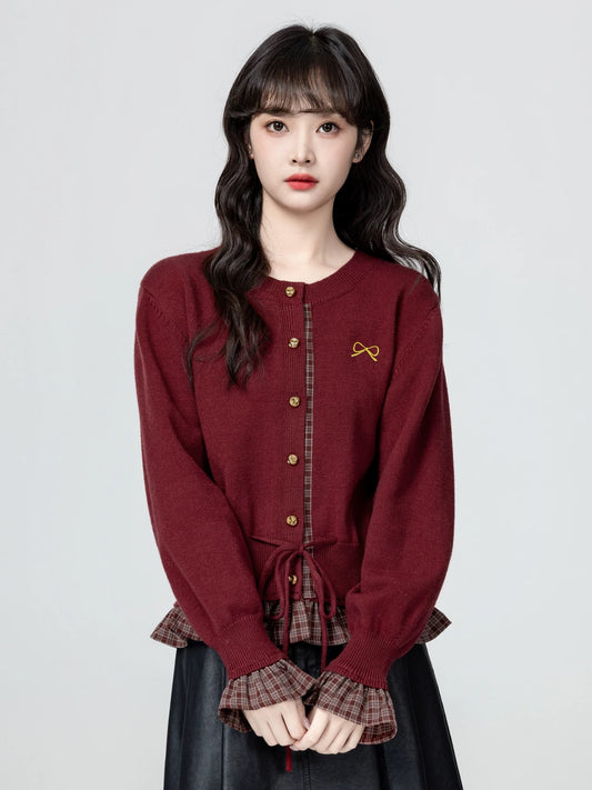 French-style red faux two-piece knitted cardigan for women, spring and autumn 2026 new style, belted waist sweater coat top