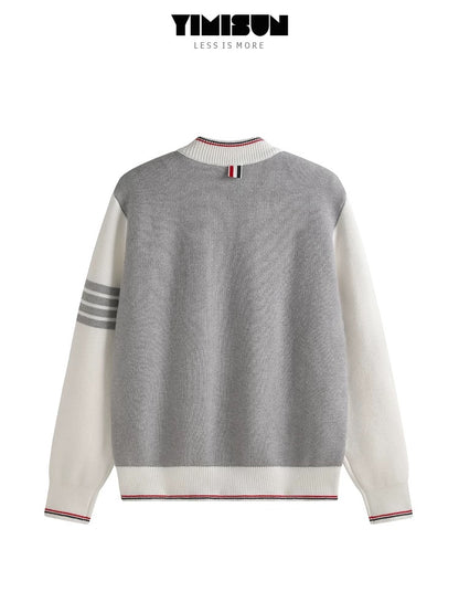 YIMISUN design contrast color four-bar stand collar zipper pocket knitted cardigan long sleeve baseball jacket trendy