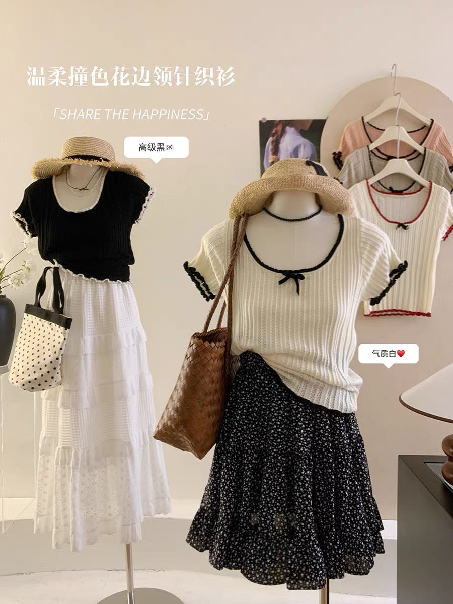 Age reduction expert~Contrast color lace large round neck bow short-sleeved textured sweater for women summer straight shoulder slim top