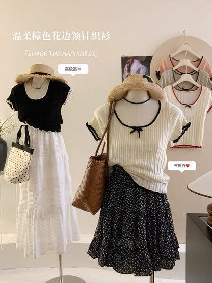 Age reduction expert~Contrast color lace large round neck bow short-sleeved textured sweater for women summer straight shoulder slim top