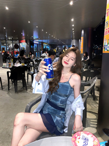 Eight-cover pinky piggy retro blue American-style imitation denim stretch mesh patchwork dress slim skirt