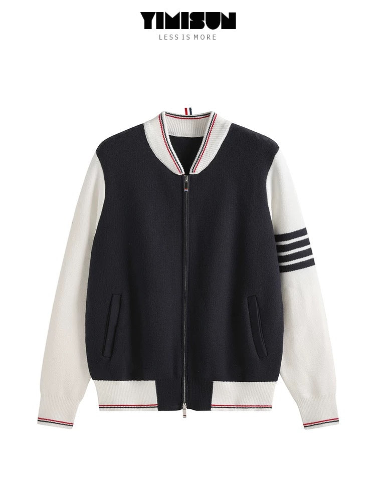 YIMISUN design contrast color four-bar stand collar zipper pocket knitted cardigan long sleeve baseball jacket trendy