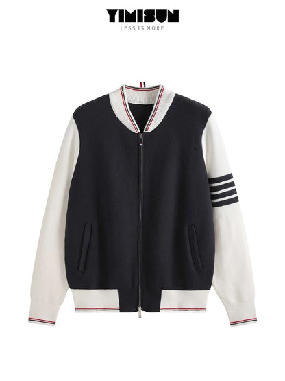 YIMISUN design contrast color four-bar stand collar zipper pocket knitted cardigan long sleeve baseball jacket trendy