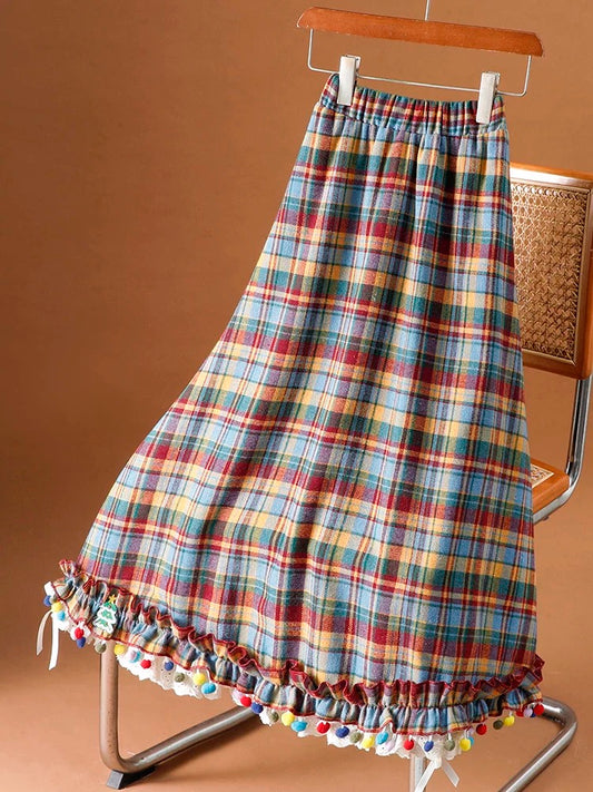 Retro festive sweet rainbow sugar bean plaid woolen long skirt for women autumn and winter lace stitching bowknot