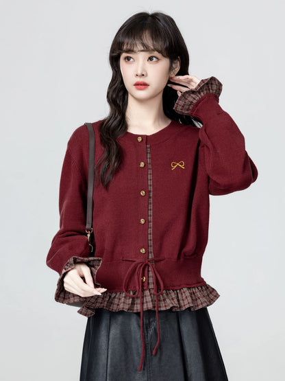French-style red faux two-piece knitted cardigan for women, spring and autumn 2026 new style, belted waist sweater coat top