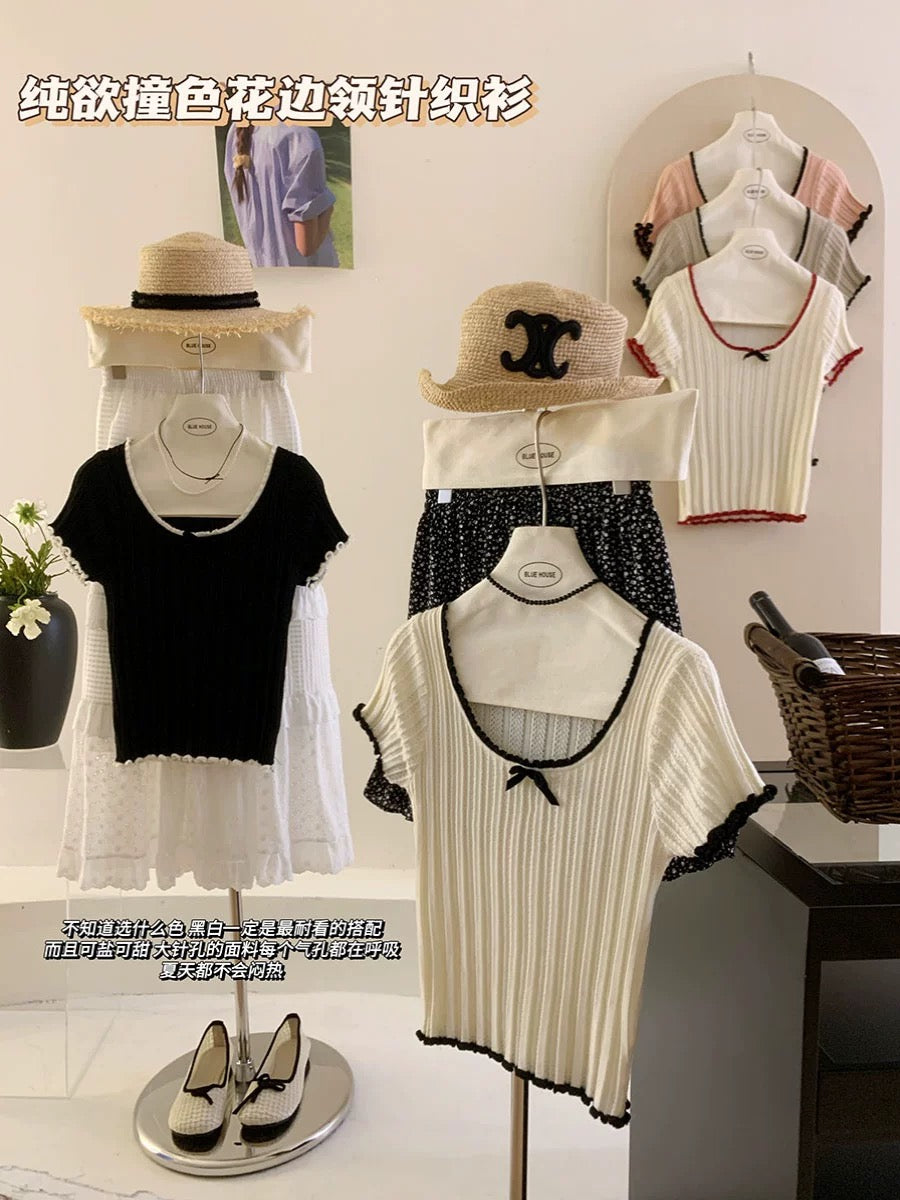 Age reduction expert~Contrast color lace large round neck bow short-sleeved textured sweater for women summer straight shoulder slim top