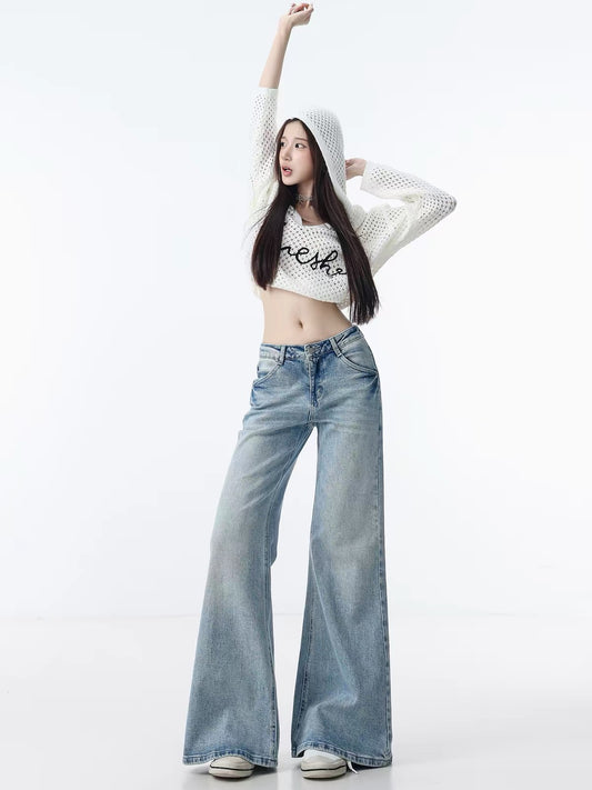 ABWLR Light-Wash Denim – Original light-colored, low-rise, slight-flare jeans; a loose, slimming, and versatile floor-length wide-leg style for women.